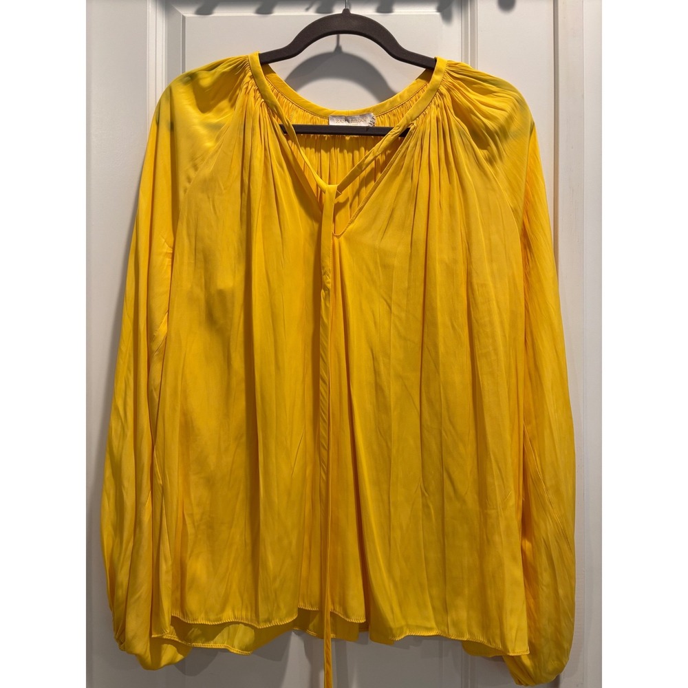 EUC Ramy‎ Brook Peasant Blouse Womens XS Yellow Tie Neck Long Sleeve